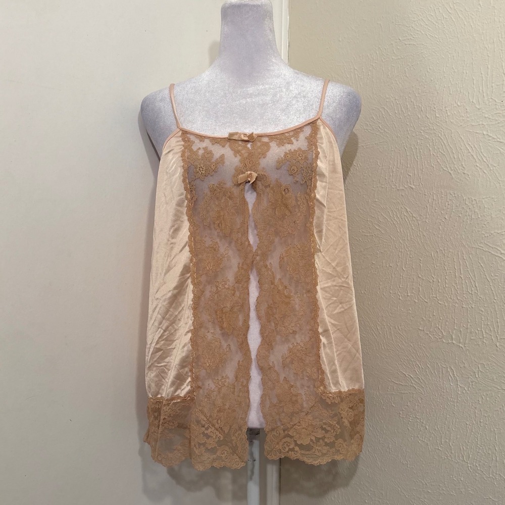 Vintage 60s Henson Kickernick Peach Lace Camisole Split Front Satin Nylon Fairy